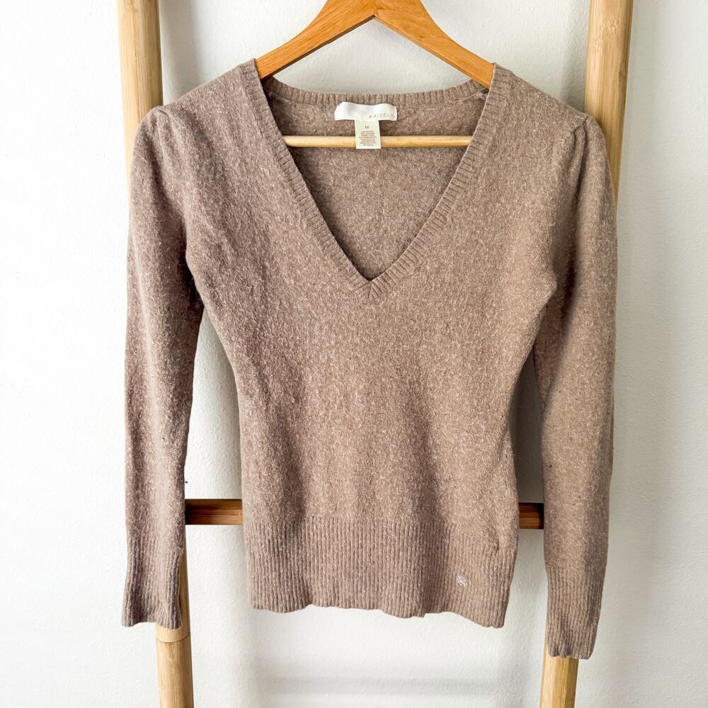 Kaisely Angora Rabbit Hair Blend V Neck Sweater Taupe Womens Medium
